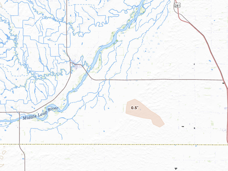 Radar-estimated hail-size map of the storm over Dannebrog, NE on Aug 19, 2026
