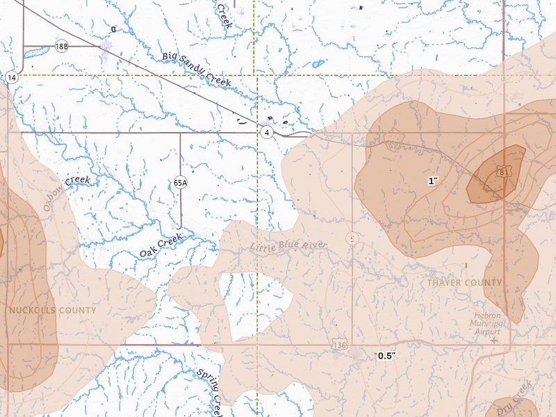 Radar-estimated hail-size map of the storm over Davenport, NE on May 16, 2026