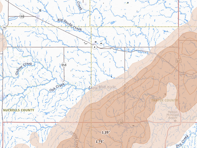 Radar-estimated hail-size map of the storm over Davenport, NE on May 17, 2026