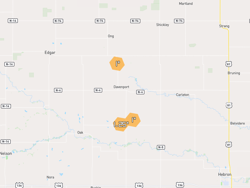 Hail map of Davenport, NE on Jun 2, 2026, hail up to 1.25"