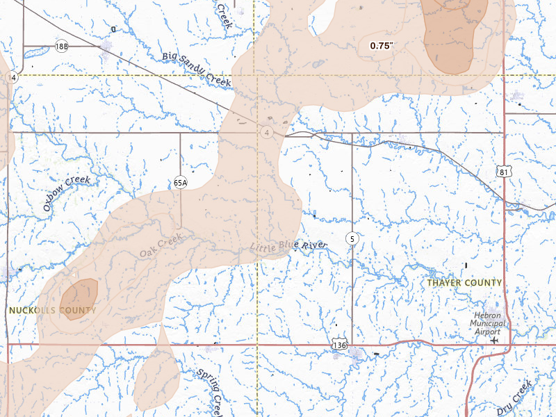 Radar-estimated hail-size map of the storm over Davenport, NE on Jun 5, 2026