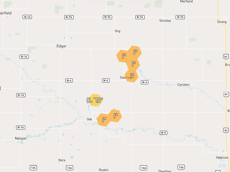 Hail map of Davenport, NE on Jun 6, 2026, hail up to 1"