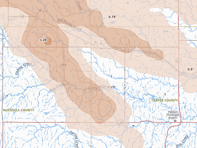 Radar-estimated hail-size map of the storm over Davenport, NE on Jun 20, 2026