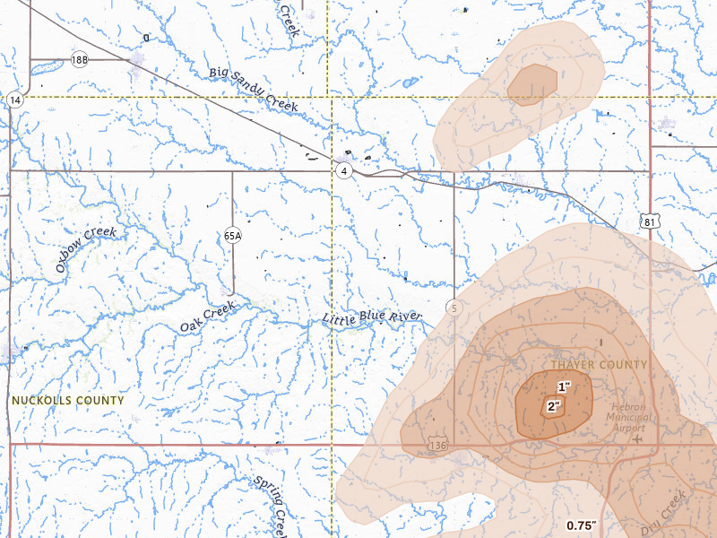 Radar-estimated hail-size map of the storm over Davenport, NE on Jul 3, 2026