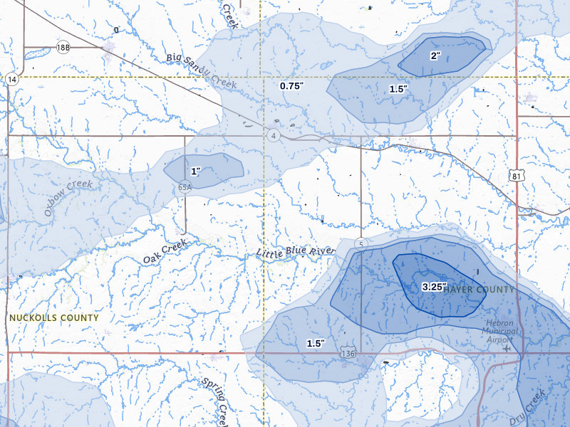 NEXRAD radar-signature map of the hail storm over Davenport, NE on Jul 3, 2026