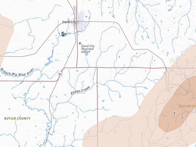 Radar-estimated hail-size map of the storm over David City, NE on May 16, 2026