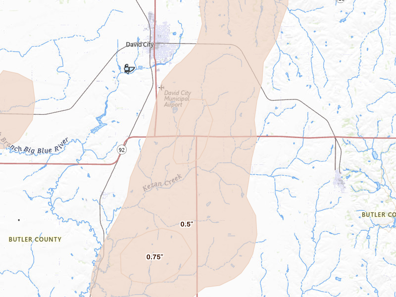 Radar-estimated hail-size map of the storm over David City, NE on May 18, 2026