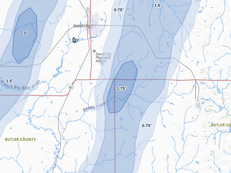 NEXRAD radar-signature map of the hail storm over David City, NE on May 18, 2026
