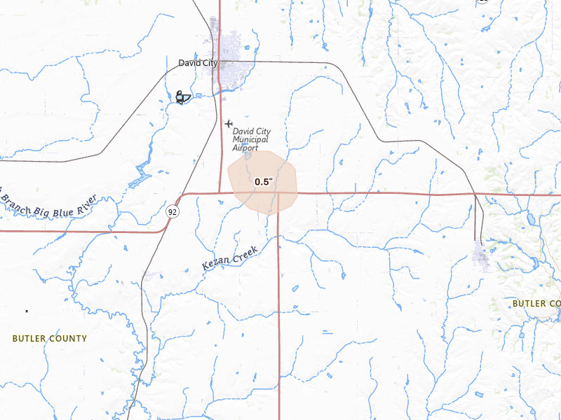 Radar-estimated hail-size map of the storm over David City, NE on Jun 1, 2026