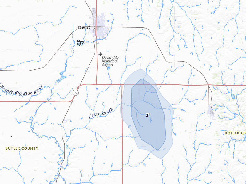 NEXRAD radar-signature map of the hail over David City, NE
