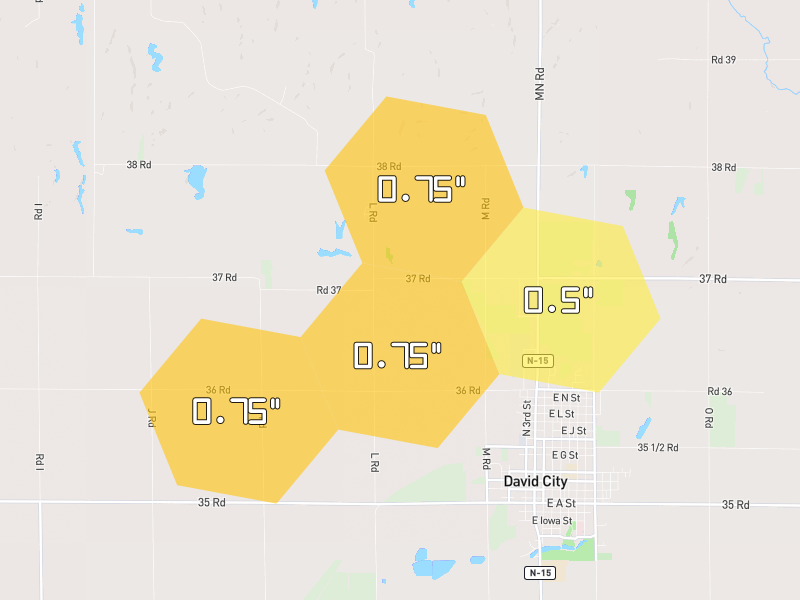 Hail map of David City, NE on Jul 3, 2026, hail up to 0.75"