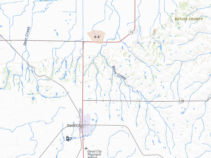 Radar-estimated hail-size map of the storm over David City, NE on Aug 17, 2026