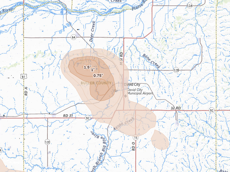 Radar-estimated hail-size map of the storm over David City, NE on Aug 19, 2026