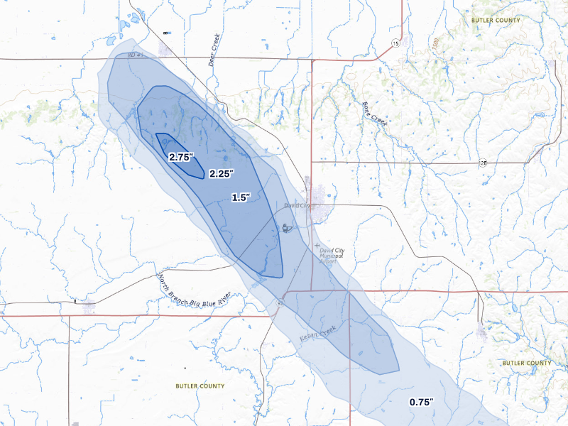 NEXRAD radar-signature map of the hail storm over David City, NE on Aug 19, 2026