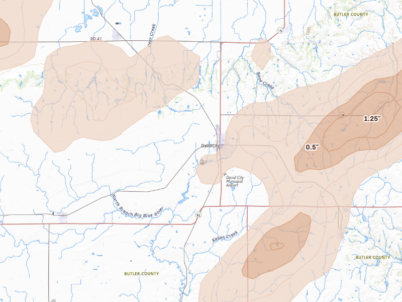 Radar-estimated hail-size map of the storm over David City, NE on Sep 13, 2026