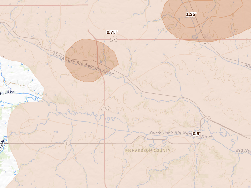 Radar-estimated hail-size map of the storm over Dawson, NE on May 18, 2026