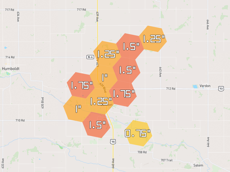 Hail map of Dawson, NE on Jun 4, 2026, hail up to 1.75"