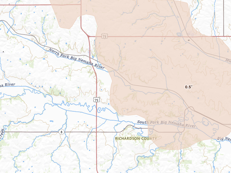 Radar-estimated hail-size map of the storm over Dawson, NE on Jul 3, 2026