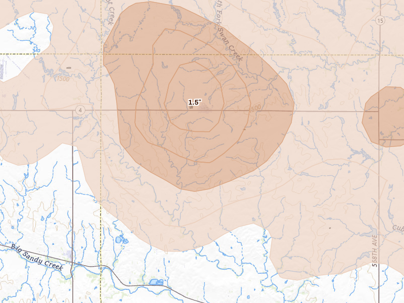Radar-estimated hail-size map of the storm over Daykin, NE on Apr 25, 2026