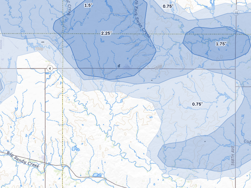 NEXRAD radar-signature map of the hail storm over Daykin, NE on Apr 25, 2026