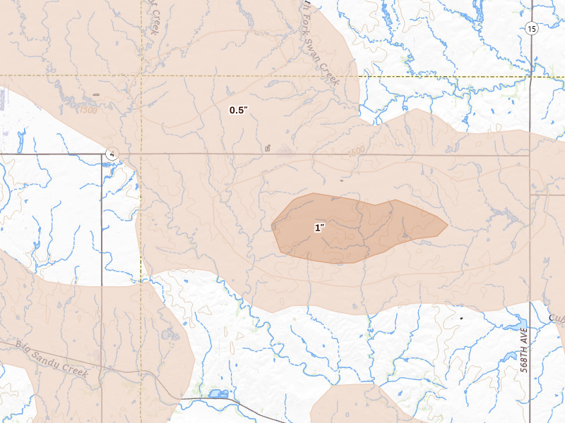 Radar-estimated hail-size map of the storm over Daykin, NE on Jun 20, 2026