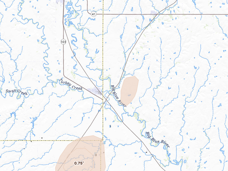 Radar-estimated hail-size map of the storm over De Witt, NE on Mar 6, 2026