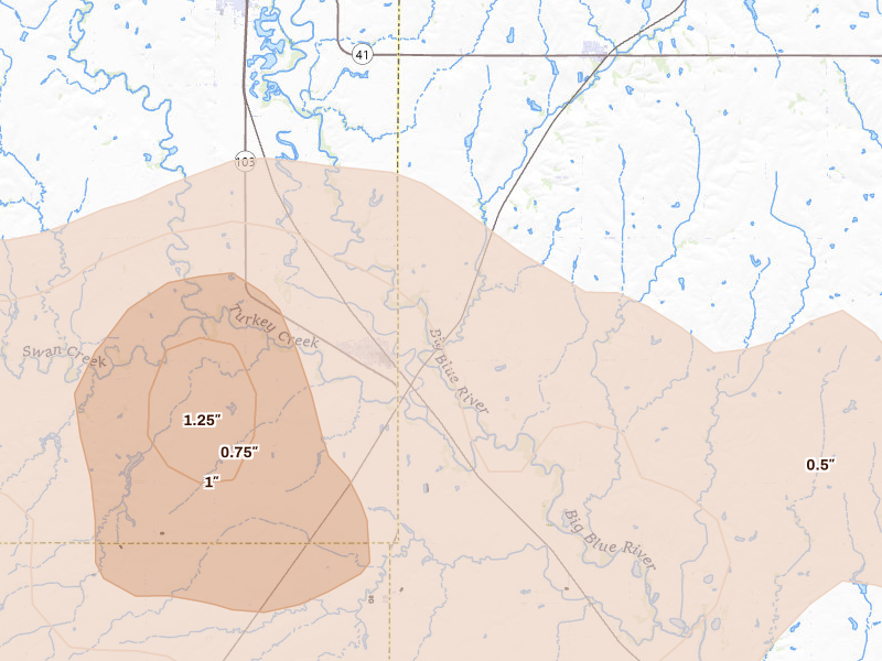 Radar-estimated hail-size map of the storm over De Witt, NE on Apr 25, 2026