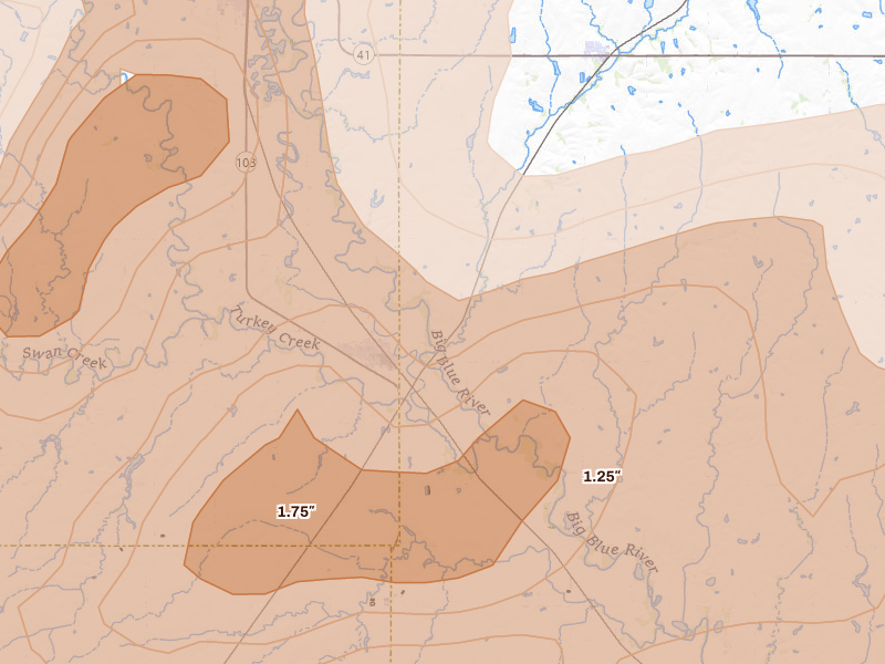 Radar-estimated hail-size map of the storm over De Witt, NE on May 16, 2026