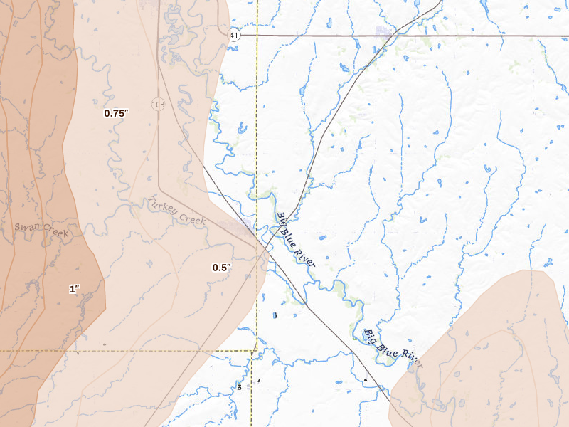 Radar-estimated hail-size map of the storm over De Witt, NE on Jun 5, 2026