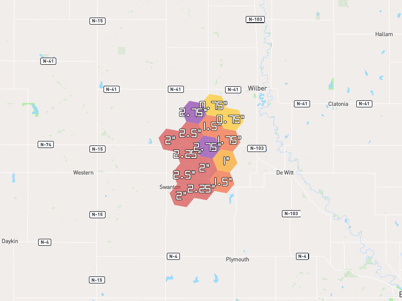 Hail map of De Witt, NE on Jun 6, 2026, hail up to 2.75"