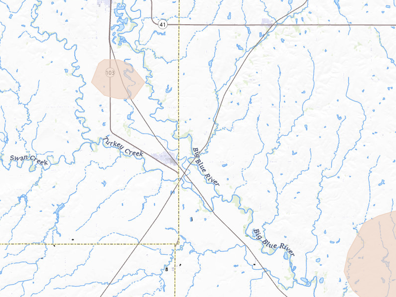 Radar-estimated hail-size map of the storm over De Witt, NE on Jul 3, 2026