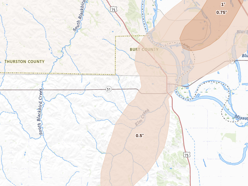 Radar-estimated hail-size map of the storm over Decatur, NE on May 18, 2026