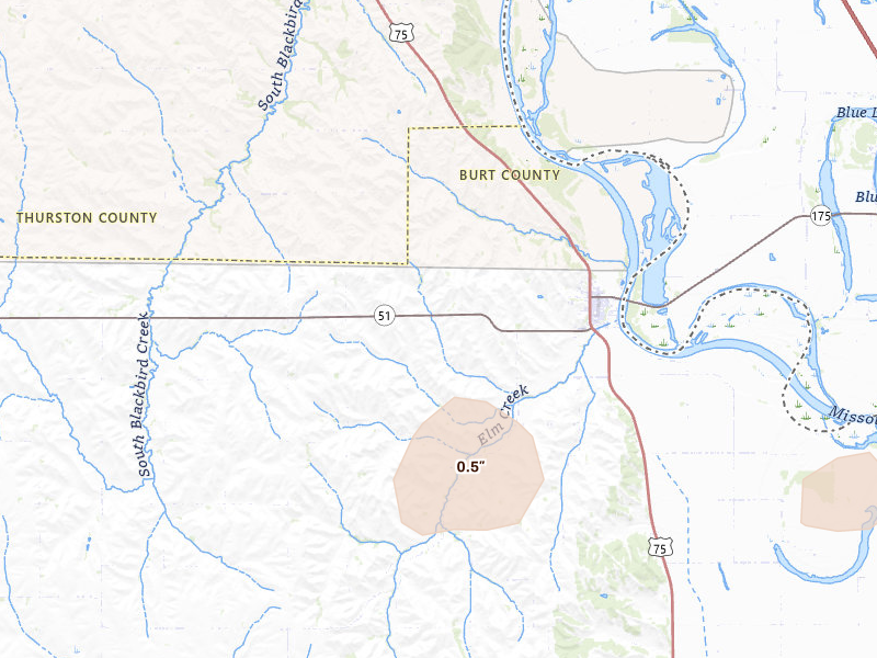 Radar-estimated hail-size map of the storm over Decatur, NE on Jul 2, 2026