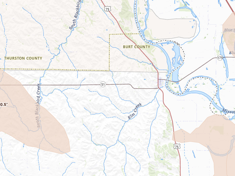 Radar-estimated hail-size map of the storm over Decatur, NE on Jul 8, 2026