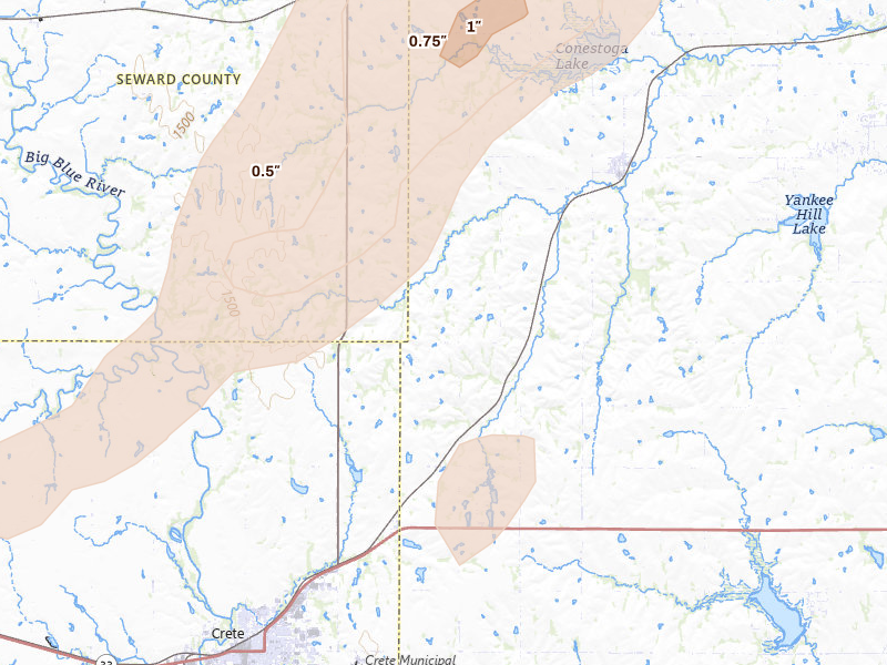 Radar-estimated hail-size map of the storm over Denton, NE on Apr 23, 2026
