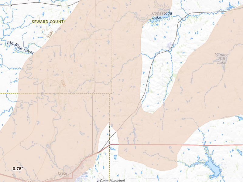 Radar-estimated hail-size map of the storm over Denton, NE on May 17, 2026