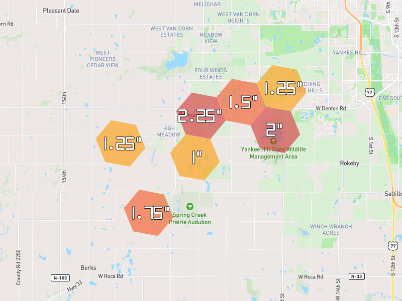 Hail map of Denton, NE on Jun 2, 2026, hail up to 2.25"