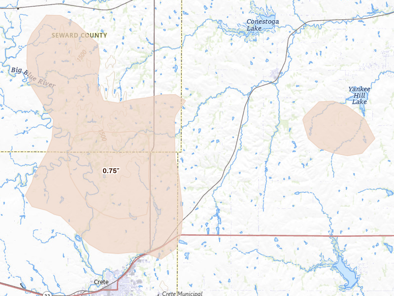Radar-estimated hail-size map of the storm over Denton, NE on Jun 5, 2026
