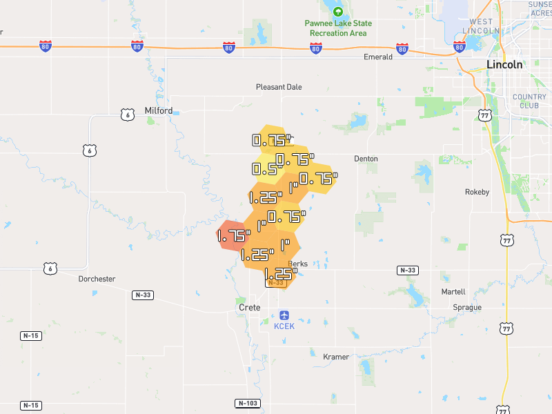 Hail map of Denton, NE on Jun 6, 2026, hail up to 1.75"
