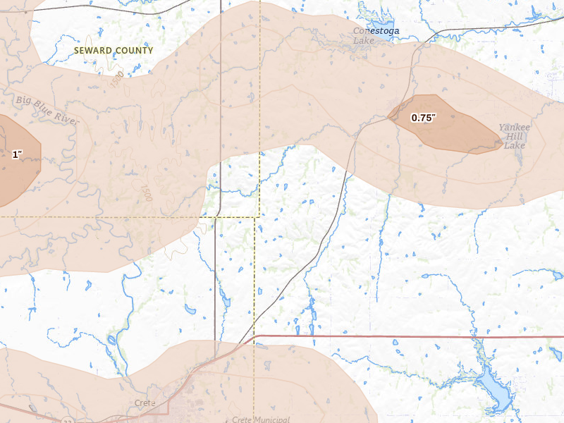 Radar-estimated hail-size map of the storm over Denton, NE on Jul 3, 2026