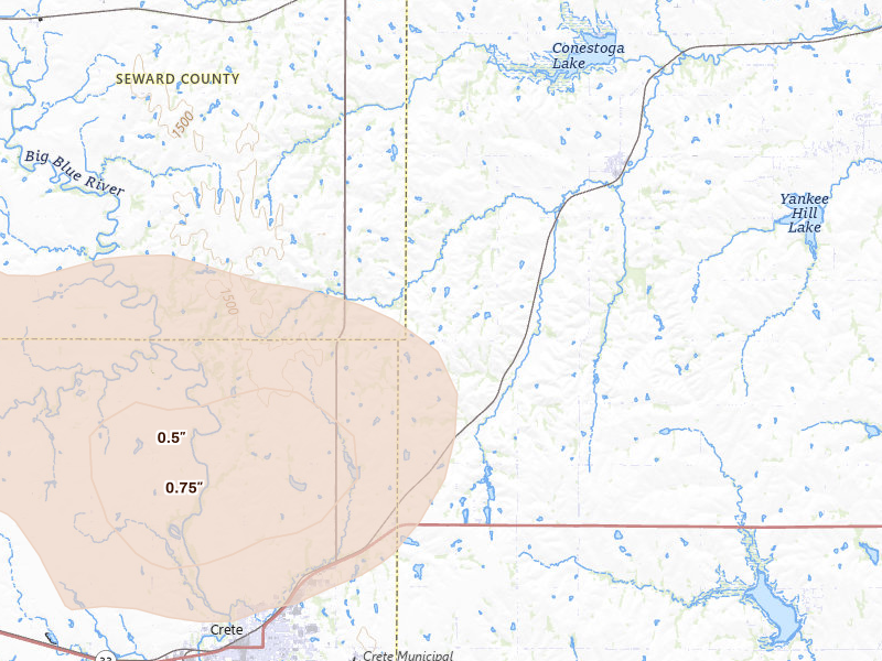 Radar-estimated hail-size map of the storm over Denton, NE on Jul 8, 2026