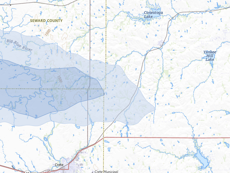 NEXRAD radar-signature map of the hail storm over Denton, NE on Jul 8, 2026