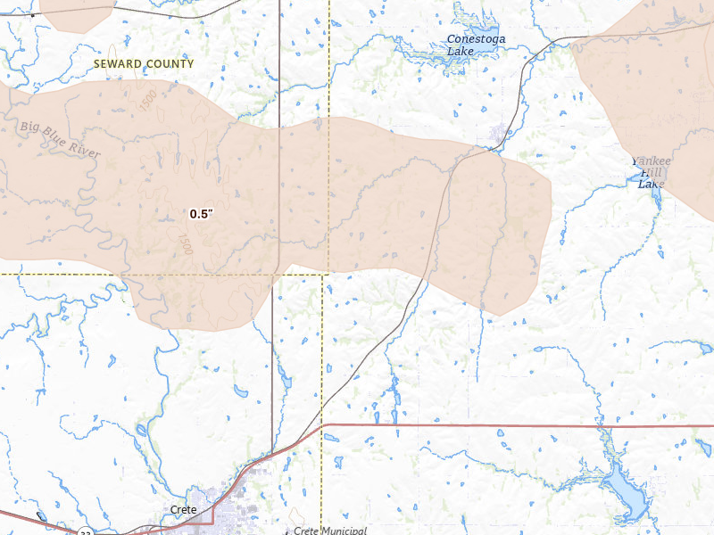 Radar-estimated hail-size map of the storm over Denton, NE on Jul 27, 2026