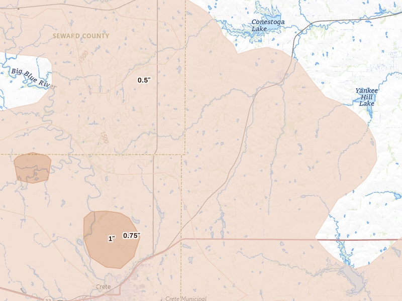 Radar-estimated hail-size map of the storm over Denton, NE on Aug 19, 2026