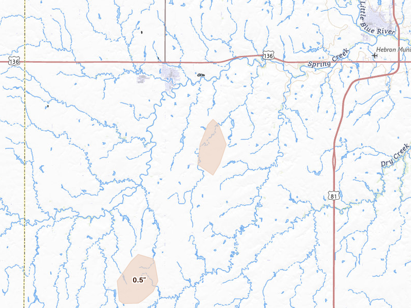 Radar-estimated hail-size map of the storm over Deshler, NE on Mar 6, 2026