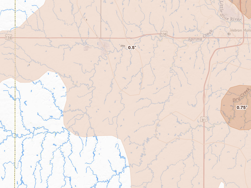 Radar-estimated hail-size map of the storm over Deshler, NE on May 16, 2026