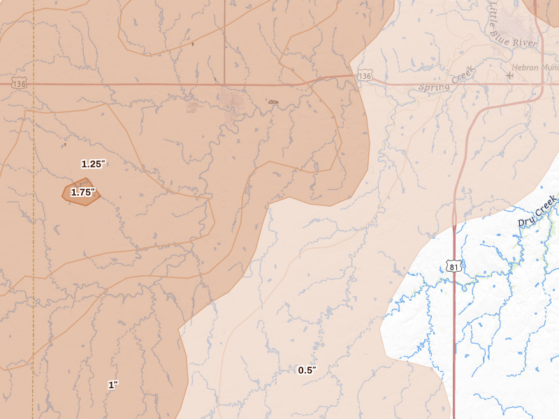Radar-estimated hail-size map of the storm over Deshler, NE on May 17, 2026