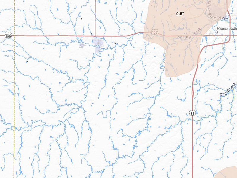 Radar-estimated hail-size map of the storm over Deshler, NE on May 18, 2026
