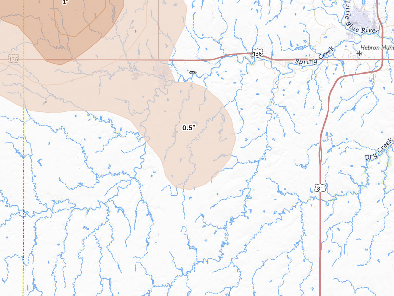 Radar-estimated hail-size map of the storm over Deshler, NE on Jun 20, 2026