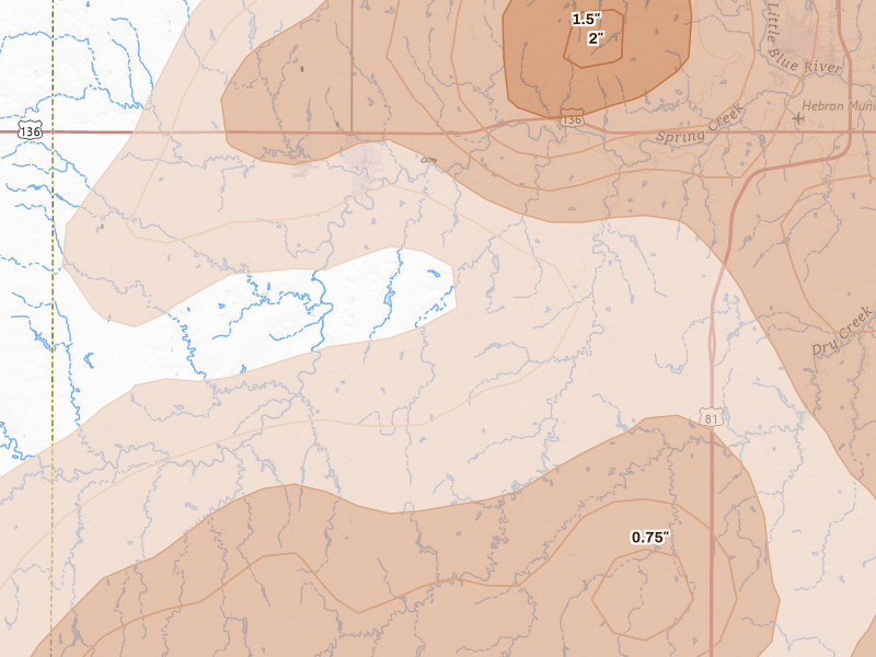 Radar-estimated hail-size map of the storm over Deshler, NE on Jul 3, 2026
